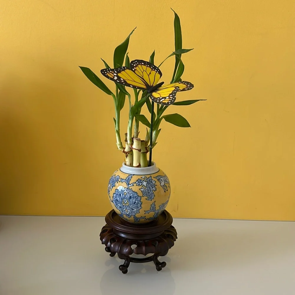 Vintage Chinese Small Porcelain Ceramic Flower Bamboo Vase Planter Urn Jar Pot